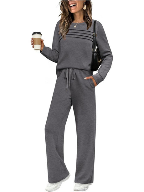 Long-sleeved Round Neck Top And Casual Elastic Waist Wide-leg Pants Two-piece Set