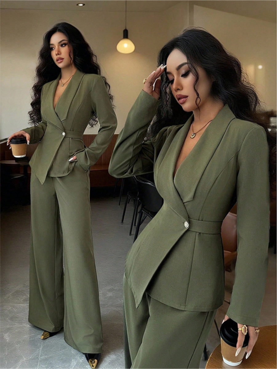 Long Sleeve Single Buckle Blazers Straight-leg Pants 2-piece Sets