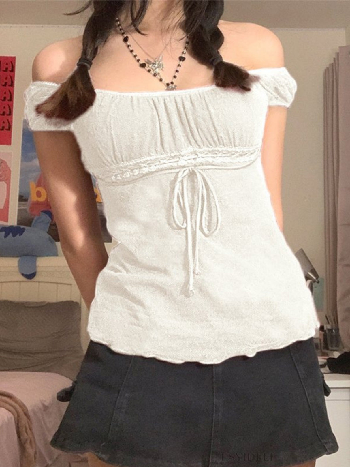 Bow-knot Waist Lace Patchwork Sweet Short Sleeves T-shirts