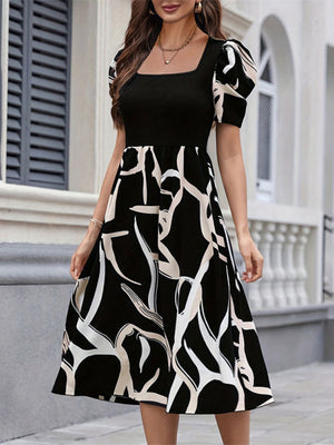 Commuting Knitting Printed Square Collar Puff Sleeve Midi Dresses