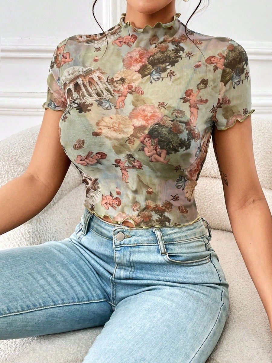 Printed Short Sleeve Mesh Sheer Tops