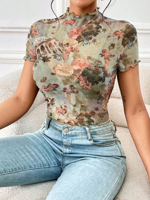 Printed Short Sleeve Mesh Sheer Tops