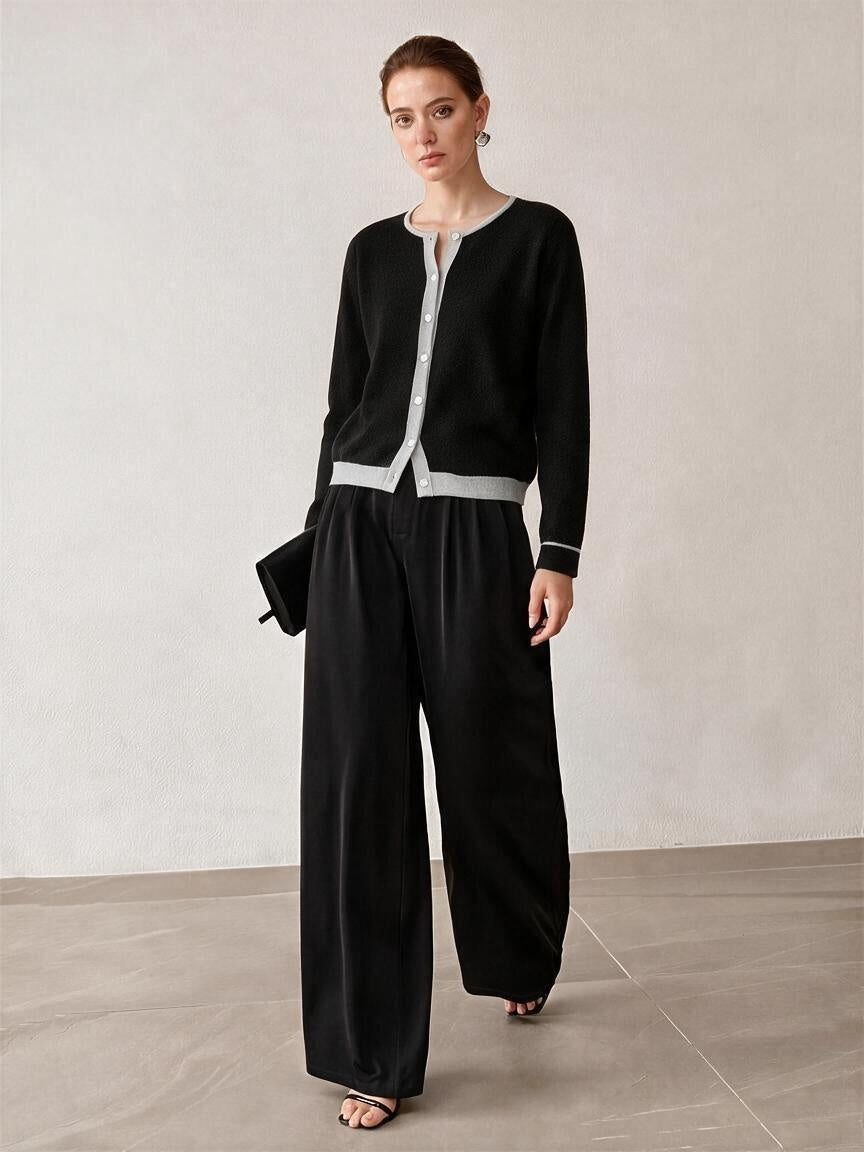 100% Wool Color Block Crew Neck Knit Cardigan
