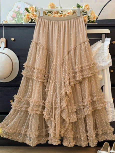 Floral Mesh Wood Ear Edge Splicing Sweet Cake Skirt