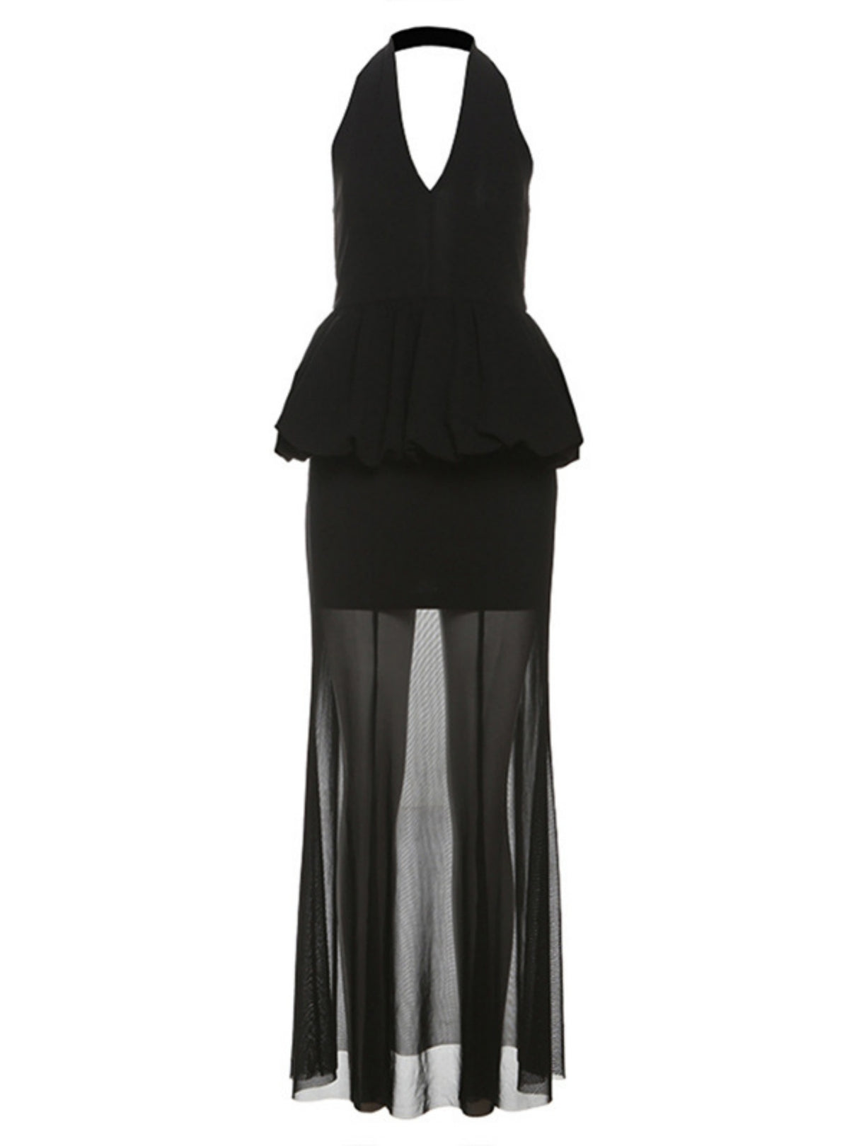 Mesh Splicing Perspective Neckband Ruffle Maxi Dresses