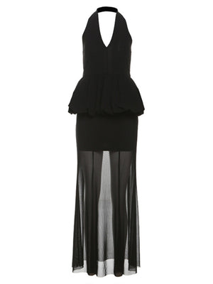 Mesh Splicing Perspective Neckband Ruffle Maxi Dresses