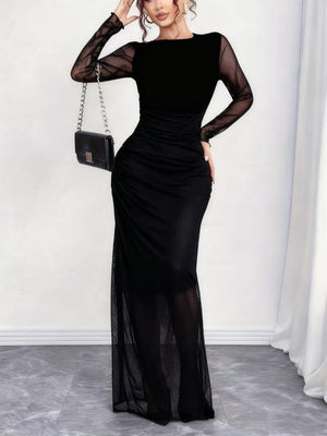 Leopard Print See-through Mesh Slimming And Waist-cinching Long-sleeved Long Dress