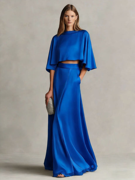 Satin Shawl-Sleeve Long Dress Two-Piece Set