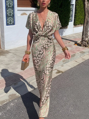 Floral Print Knot V-neck Short Sleeve Maxi Dresses