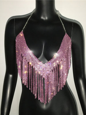 Diamond Sequins Tassel Halter Neck And Backless Tank Tops&Camis
