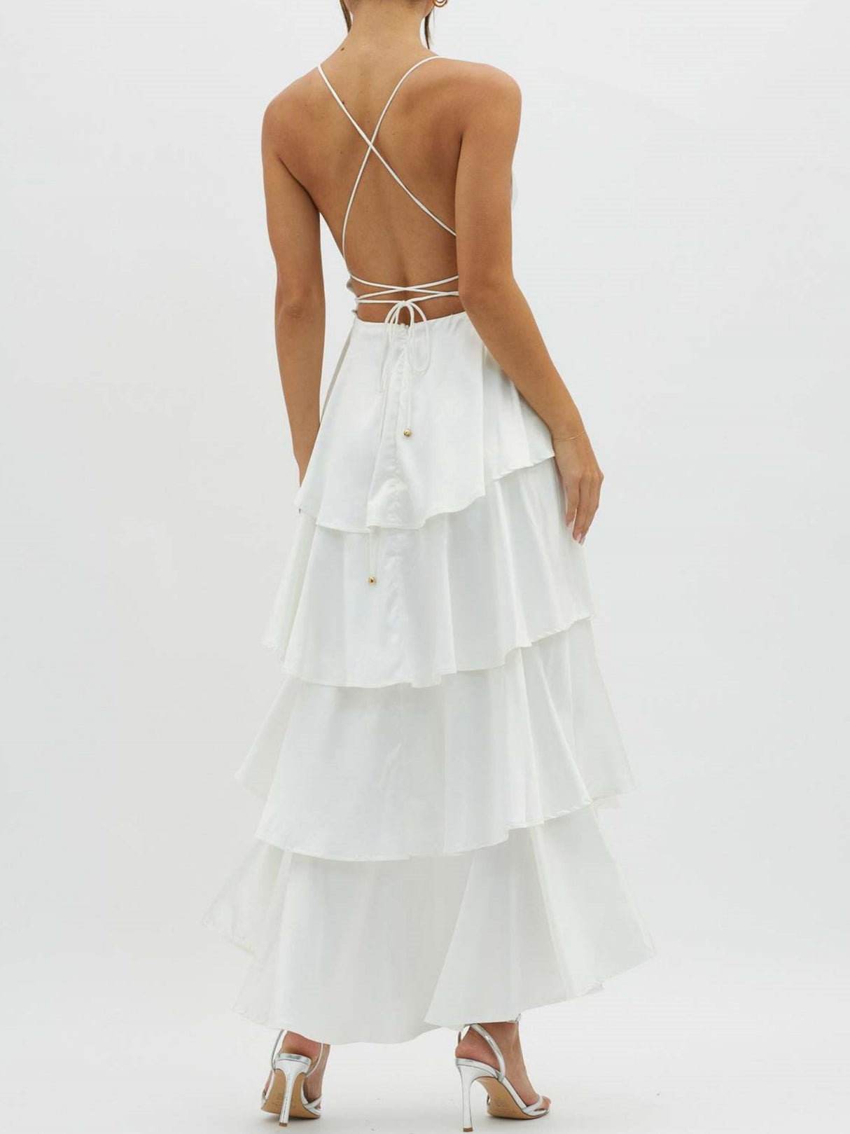 Ruffled Splicing Satin V-neck Tank Top Maxi Dresses