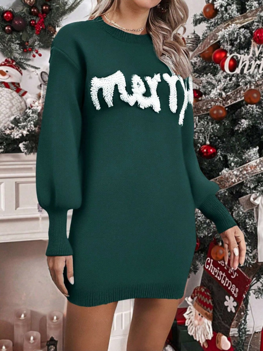 Christmas Letter Crew Neck Sweaters Knitting Mini&Short Dresses