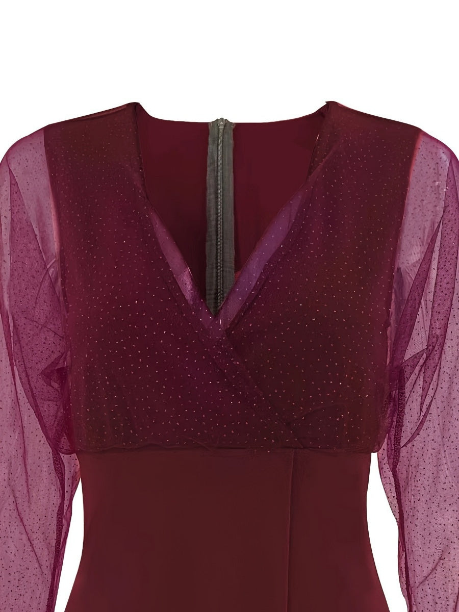 V-neck Mesh Splicing Long Sleeve Sequins A-pendulum Sexy Grace Party Short Dress