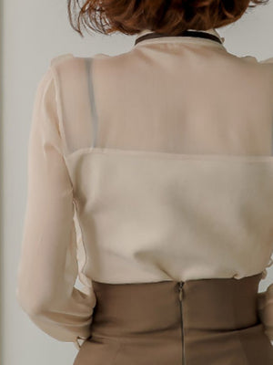 Elegant Two-piece Set: Stand-up Collar Sheer Blouse And Ruffled Skirt.