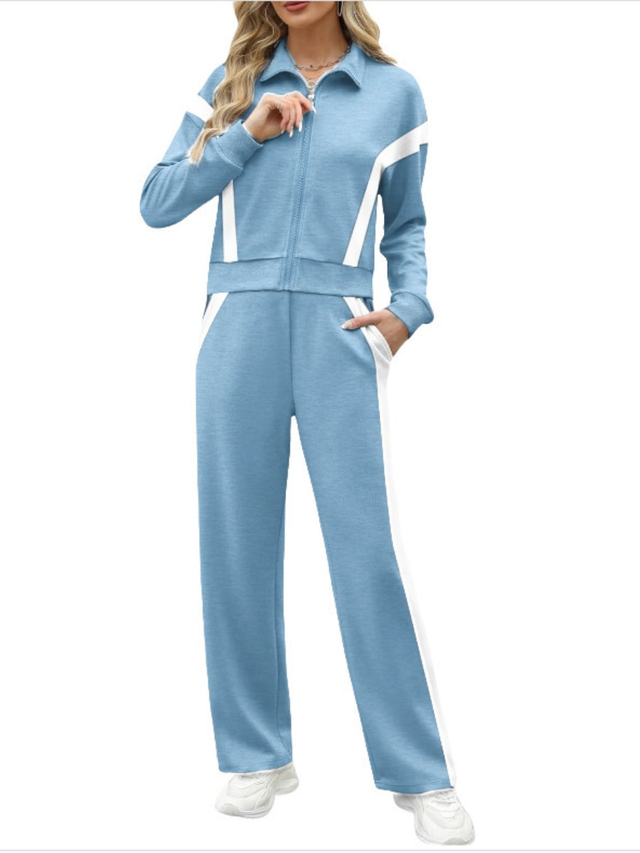 Long Sleeve Coat Stripes Splicing Sports Straight-leg Pants 2-piece Sets