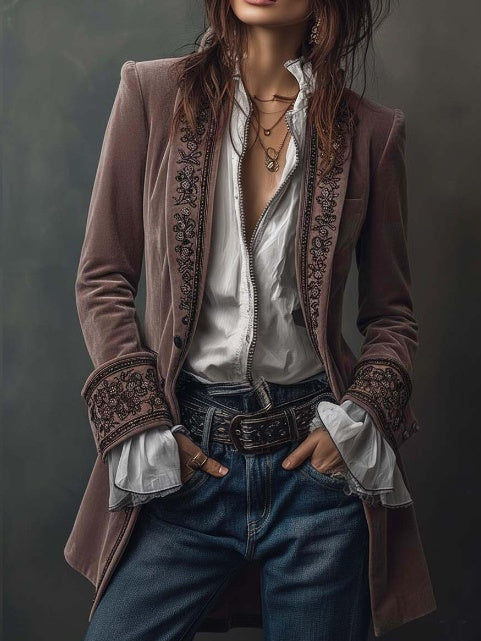 Long Sleeve Solid Color Patchwork Lace Velvet Blazers