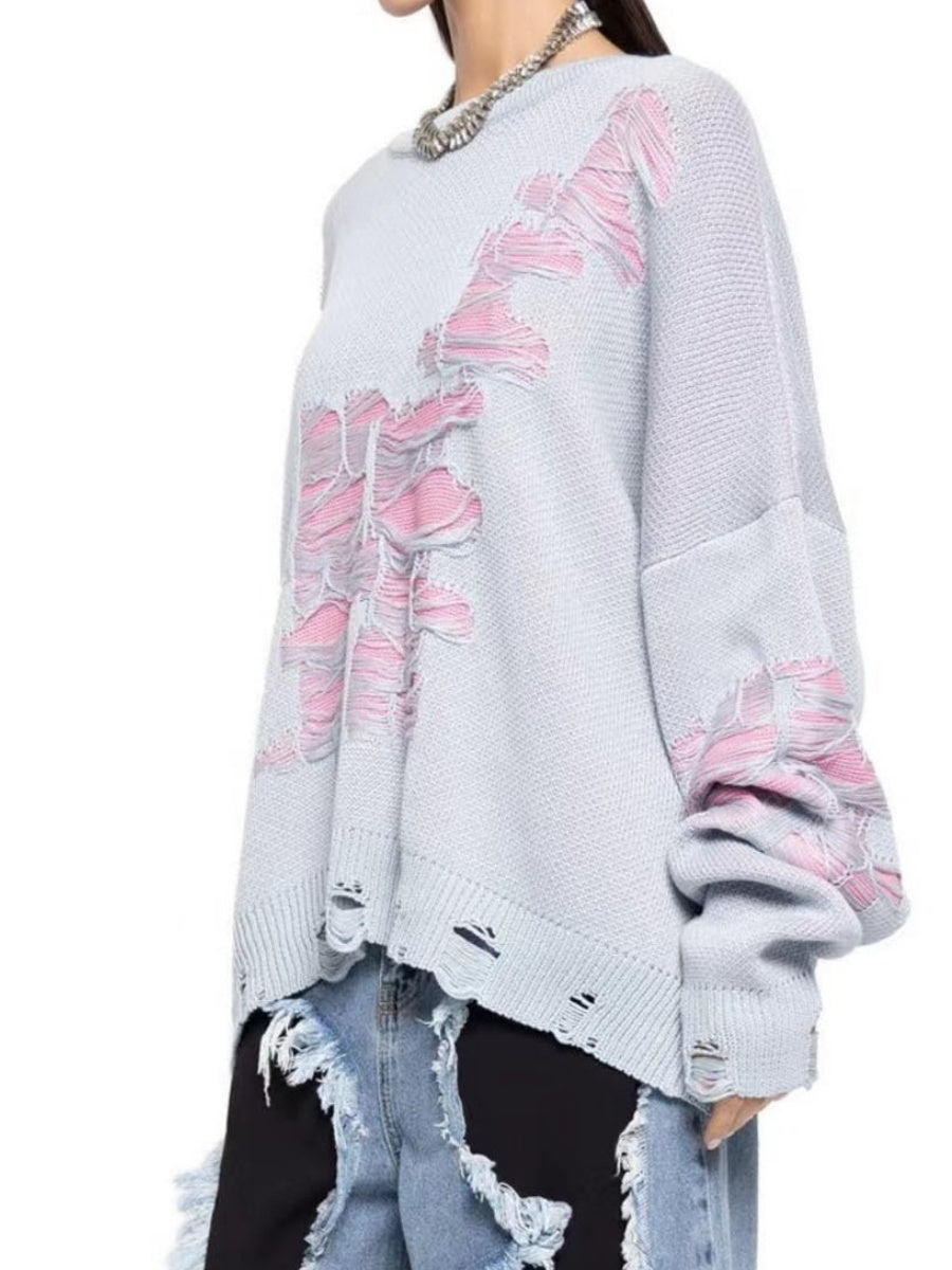 Liber Autumn women's contrast color tattered patchwork pullover sweater