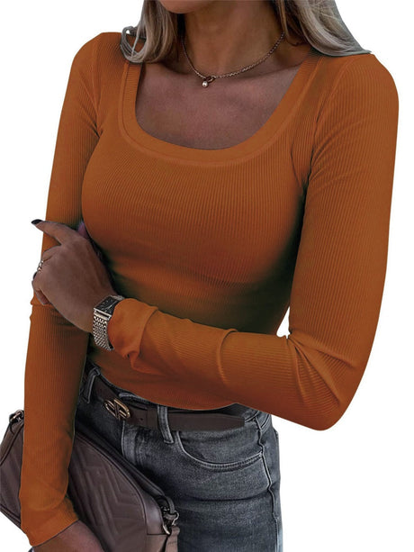 Threaded Groove Trimming Long Sleeve U-neck Base T-shirts