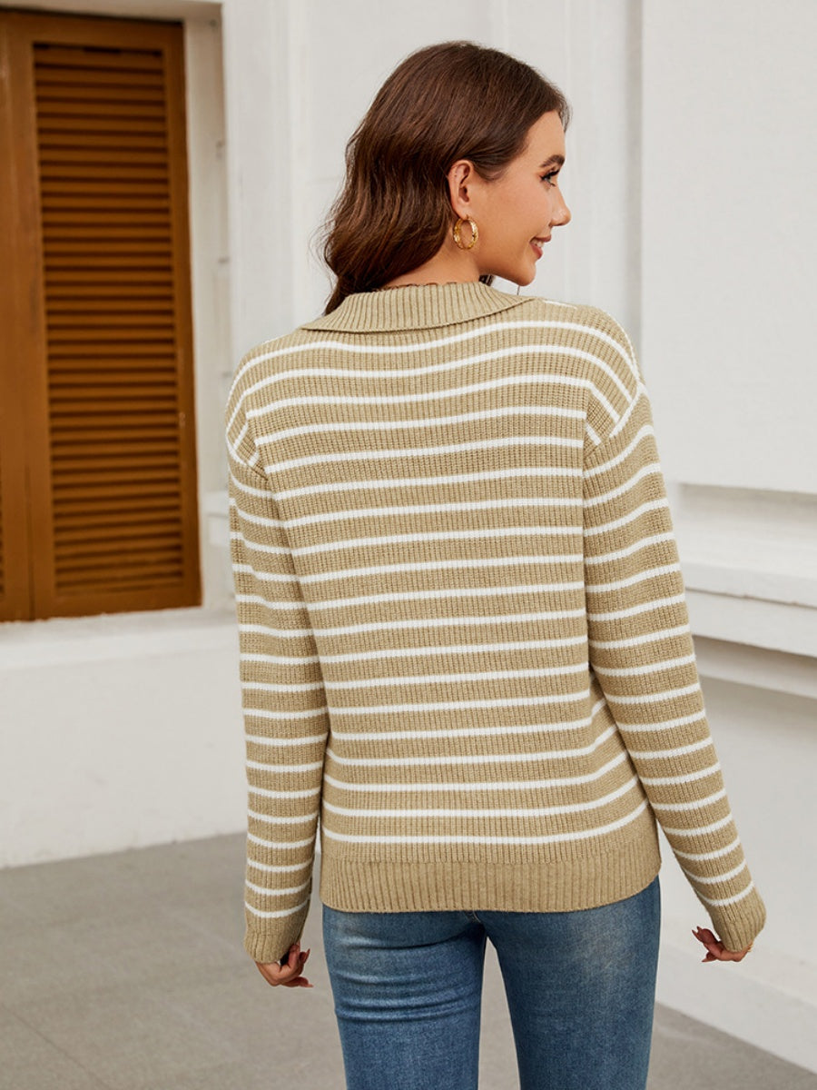 Liber Autumn Women's V-neck Contrasting colors Stripes Jacket Woolen