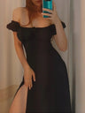 Square Collar Bandage Puff Sleeve Slit Midi Dresses