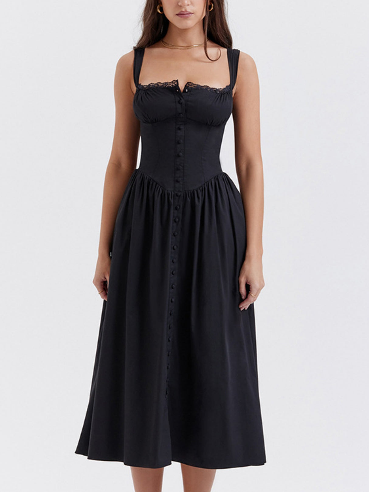 Floral Lace Trim Square Neck Suspenders Sweet Ribbon Maxi Dresses