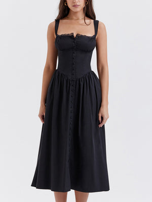 Floral Lace Trim Square Neck Suspenders Sweet Ribbon Maxi Dresses