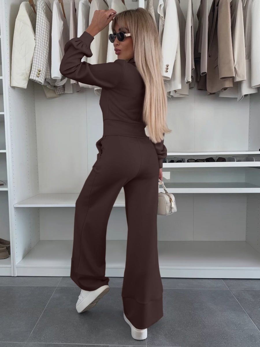Long-sleeved Collared Top And Elastic Wide-leg Pants Two-piece Set