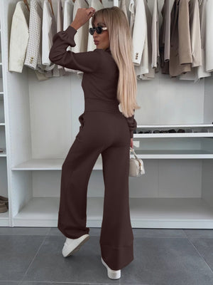 Long-sleeved Collared Top And Elastic Wide-leg Pants Two-piece Set
