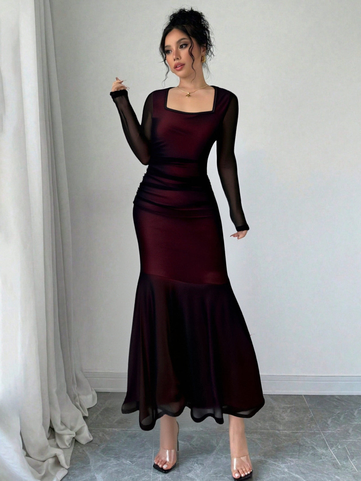Burgundy Sheer Long-sleeved Square-neck Fitted Long Dress