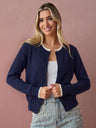 Cable Knit Color-blocked Trim Faux Two-piece Round Neck Knit Cardigan