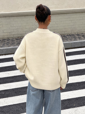 Simple Chinese Style Stand-up Collar Color-blocked Striped Button Sweater
