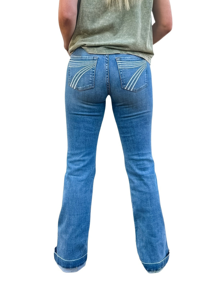 Bestickte, wassergewaschene Stretch-Mikrohorn-Jeans