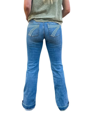 Bestickte, wassergewaschene Stretch-Mikrohorn-Jeans