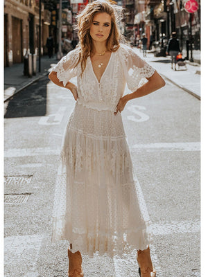 V-neck Short Sleeve Lace Gauze Solid Color Maxi Dresses