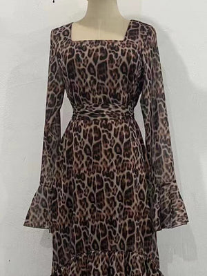 Leopard Print Chiffon Lotus Leaf Sleeves Splicing Maxi Dresses