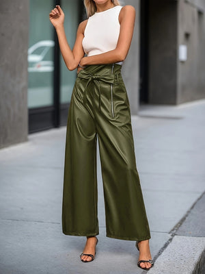 High Waist Loose-fit PU Leather Pants Zipper Pants