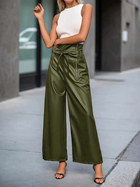 High Waist Loose-fit PU Leather Pants Zipper Pants