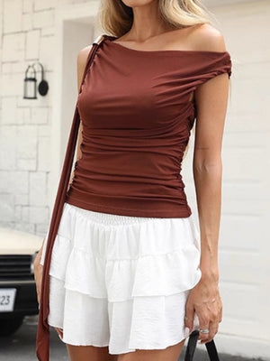 Double-layer Mesh Pleated Ribbon T-shirts