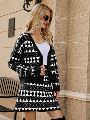 Liber Spring Women's Contrasting colors Diamond Two-piece suit V-neck cardigan A-line skirt Long sleeve