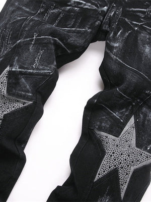 Slim Stretch Black Straight Splicing Miniature Speakers Jeans