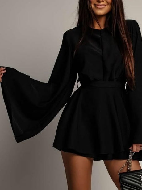 Backless  Flare Sleeve Waist Tie Mini&Short Dresses