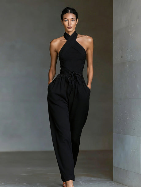 Lace-up Linen Cross-strap Wide-leg Jumpsuit