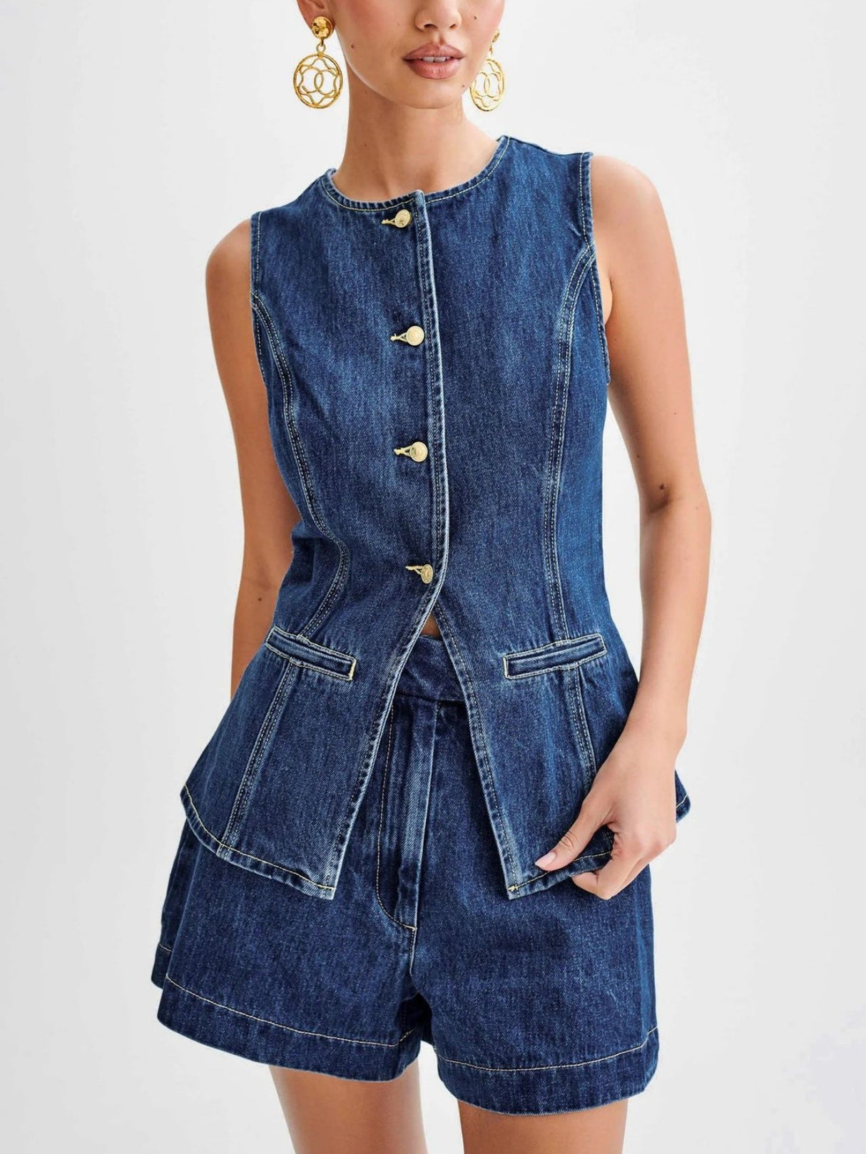 Sleeveless High-waisted Buttons Denim Vest And Shorts 2-piece Sets