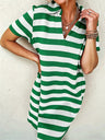 Stripes Color Matching Polo Collar Pocket Short-sleeved Midi Dress