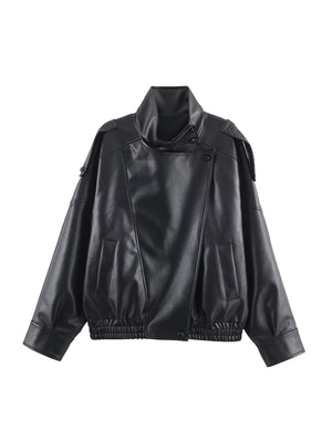 Pocket Stand-up Collar Faux Leather Jacket