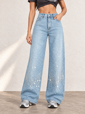 Women's Light-colored Washed Denim Wide-leg Jeans With Shimmering Details For Autumn And Winter