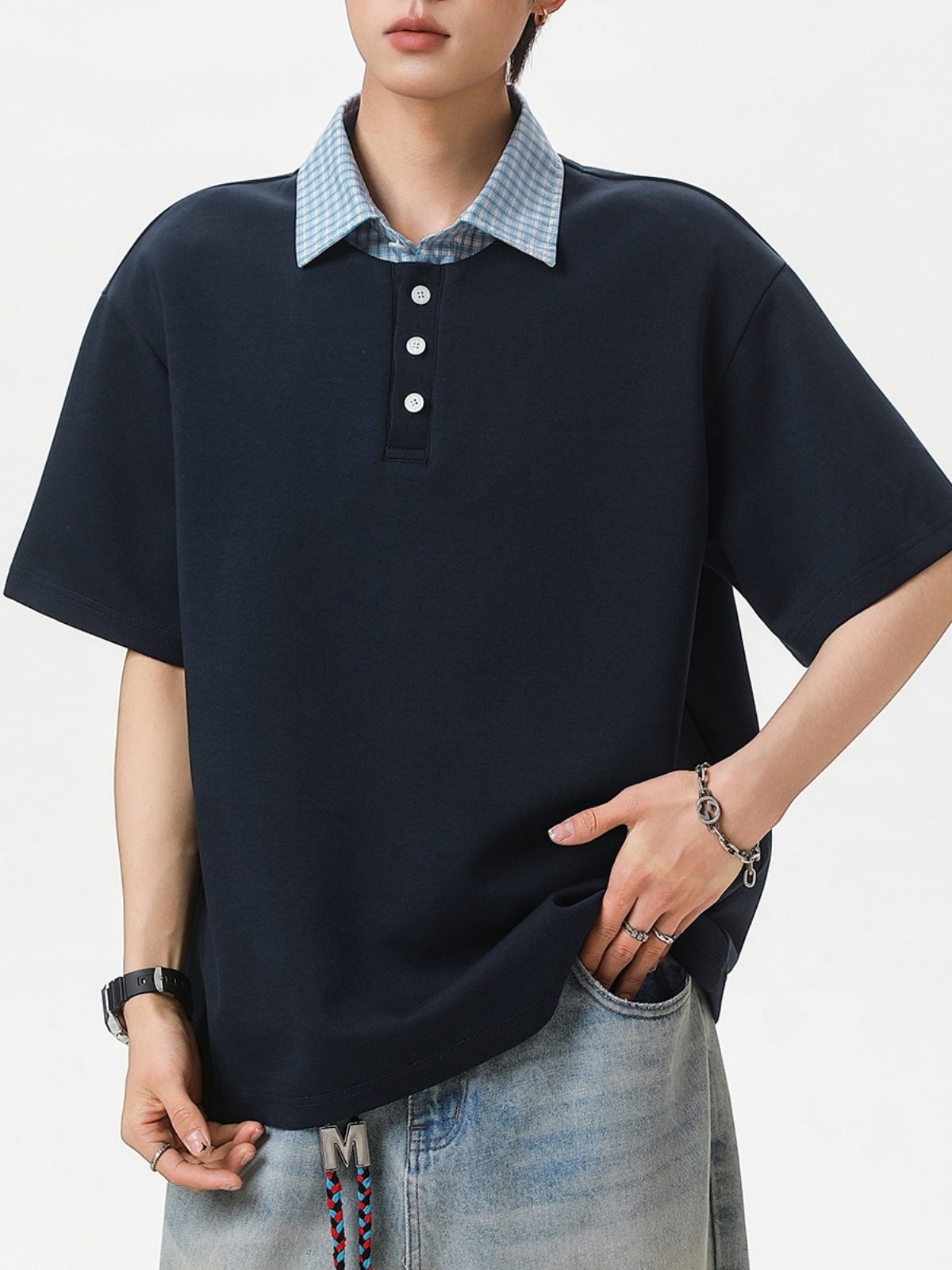 College Style Layered-look Color-blocked Plaid Polo Shirt
