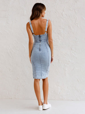 U-neck Camisoles Distressed Denim Slit Mini&Short Dresses