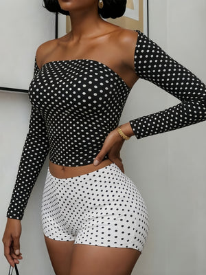 Polka Dots Long-sleeved Shawl Strapless Shorts 3-piece Sets