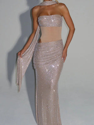 Liber Summer Women's Sequins, stitching, Lined Solid Color Maxi Dresses